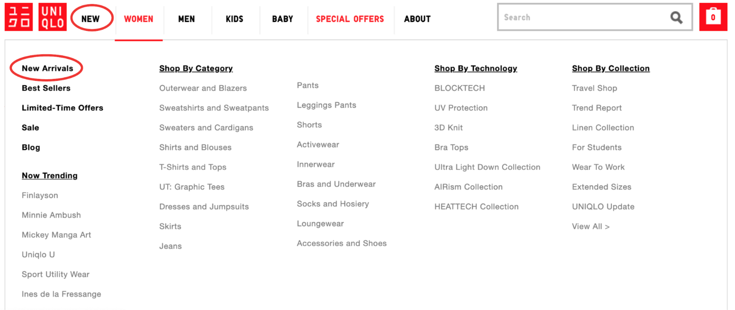 Duplicate menu items on the Uniqlo site: New Arrivals and New