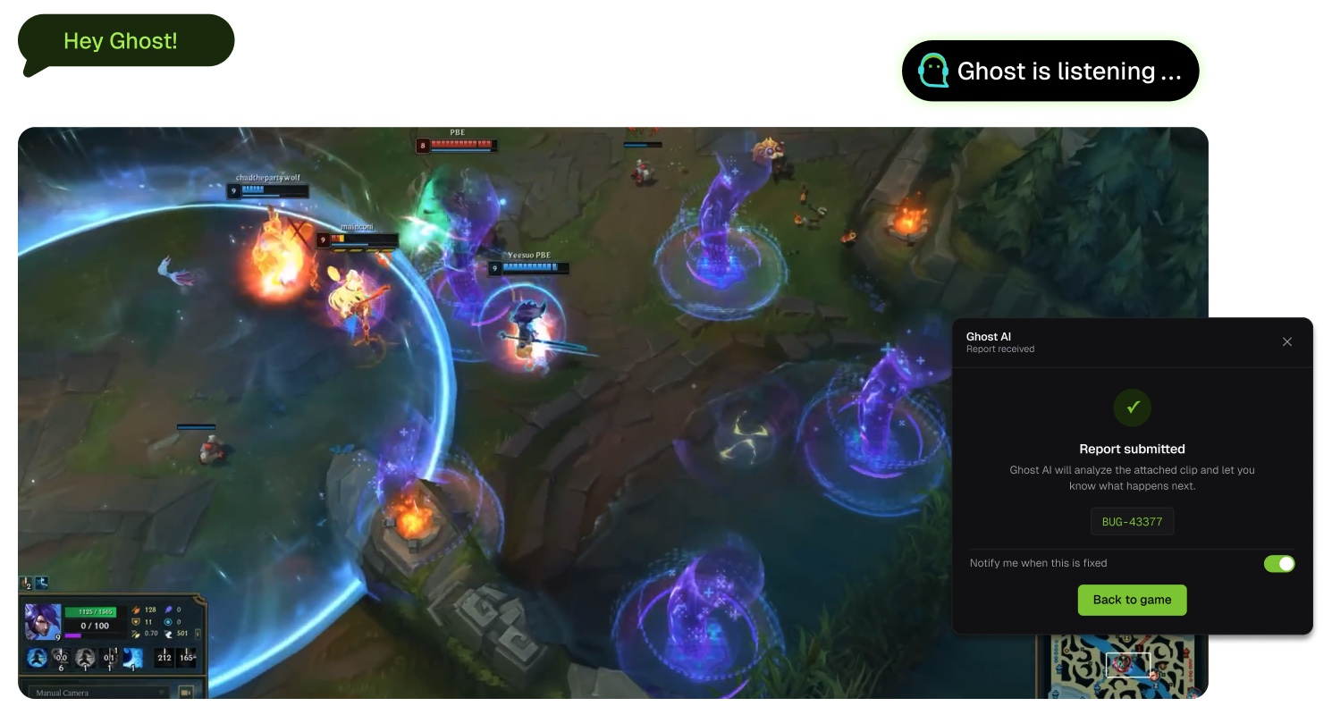 Ghost AI Smart Capture concept showing voice activation during gameplay, listening status, and a submitted bug report confirmation