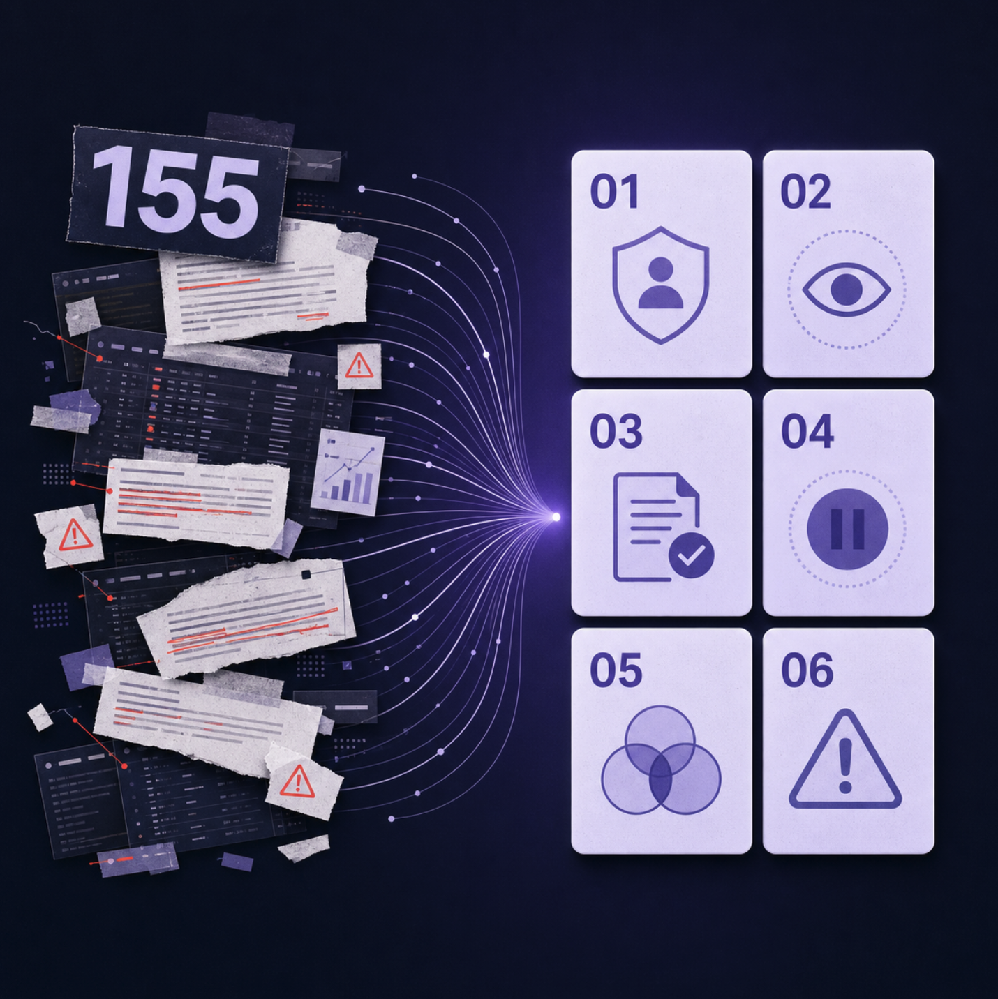 155 harmful AI patterns collected as research clippings, distilled into 6 prevention principles: user control, transparency, consent, circuit breakers, accountability, and risk warnings
